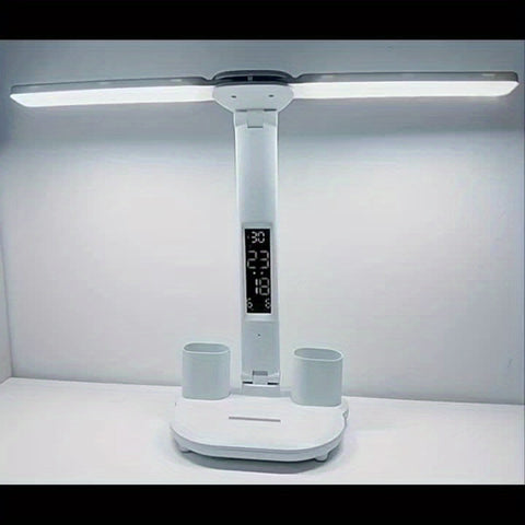 Adjustable Dual-Head LED Desk Lamp with Clock and USB Power