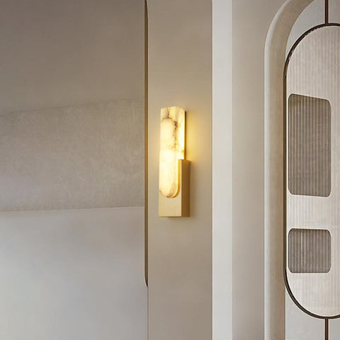 Modern Alabaster LED Wall Lamp with Gold Metal Frame, Minimalist Hardwired Sconce for Bedroom and Hallway
