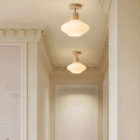 Modern Semi-Flush Ceiling Light with Walnut Wood and Glass Shade