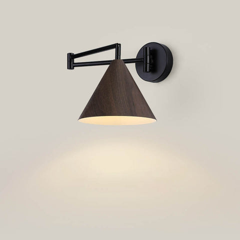 Swing Arm Wall Sconce with Wood-Grain Cone Shade for Bedrooms