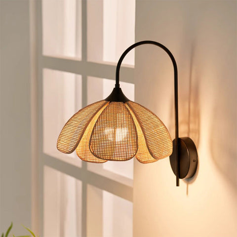 Retro Rattan Wall Light with Metal Frame for Bedroom