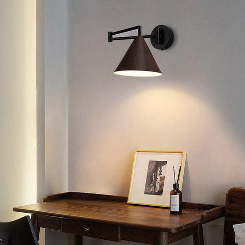 Swing Arm Wall Sconce with Wood-Grain Cone Shade for Bedrooms