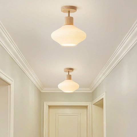 Modern Semi-Flush Ceiling Light with Walnut Wood and Glass Shade
