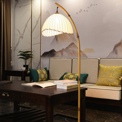 Bamboo-Inspired Floor Lamp with Pleated Fabric Shade for Living Rooms