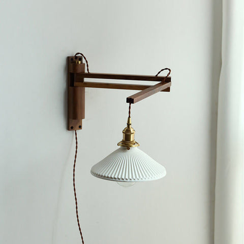 Retractable Wood Wall Sconce with Ribbed Glass Shade for Reading