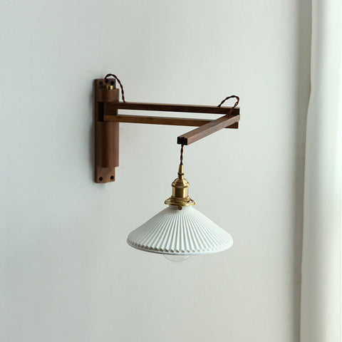 Retractable Wood Wall Sconce with Ribbed Glass Shade for Reading