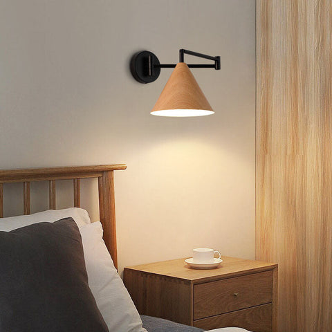 Swing Arm Wall Sconce with Wood-Grain Cone Shade for Bedrooms