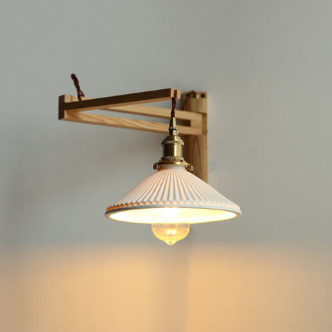 Retractable Wood Wall Sconce with Ribbed Glass Shade for Reading