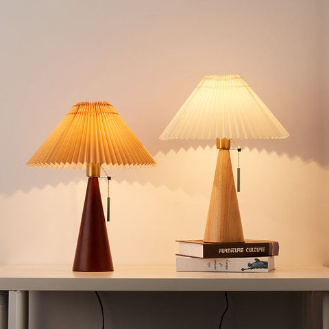 Wooden Table Lamp with Pleated Fabric Shade for Warm Interiors