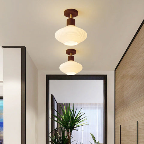 Modern Semi-Flush Ceiling Light with Walnut Wood and Glass Shade