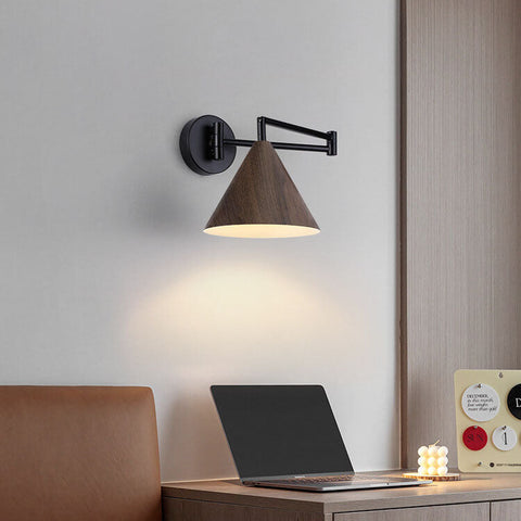 Swing Arm Wall Sconce with Wood-Grain Cone Shade for Bedrooms