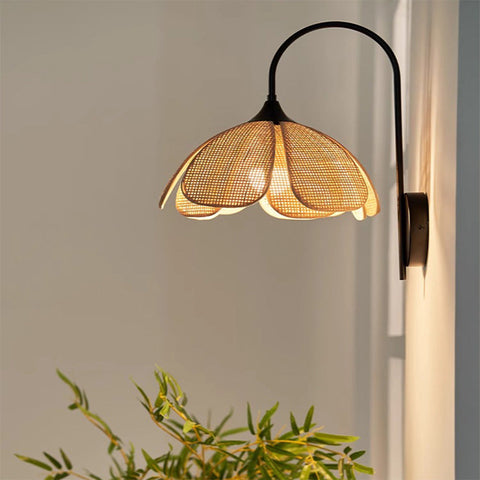 Retro Rattan Wall Light with Metal Frame for Bedroom