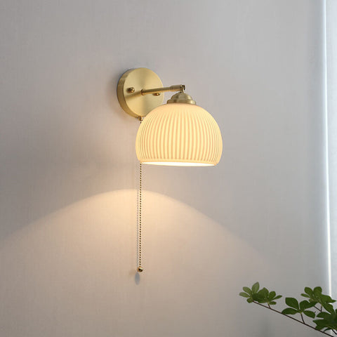 Ribbed Glass Pull-Cord Wall Sconce with Brass Details for Bedrooms