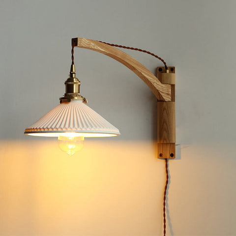 Retractable Wood Wall Sconce with Ribbed Glass Shade for Reading