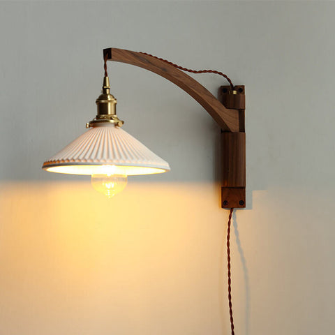 Retractable Wood Wall Sconce with Ribbed Glass Shade for Reading