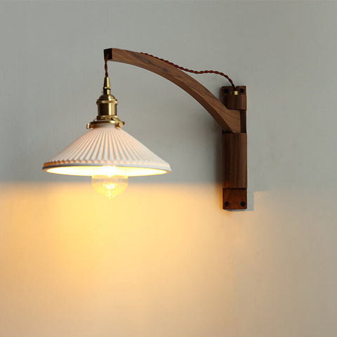Retractable Wood Wall Sconce with Ribbed Glass Shade for Reading