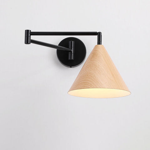 Swing Arm Wall Sconce with Wood-Grain Cone Shade for Bedrooms