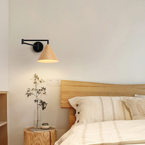 Swing Arm Wall Sconce with Wood-Grain Cone Shade for Bedrooms