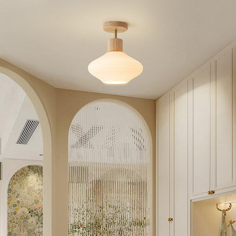 Modern Semi-Flush Ceiling Light with Walnut Wood and Glass Shade