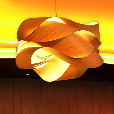 Wood Pendant Light with Interwoven Sculptural Shade