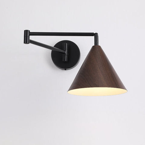 Swing Arm Wall Sconce with Wood-Grain Cone Shade for Bedrooms