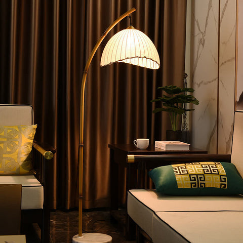 Bamboo-Inspired Floor Lamp with Pleated Fabric Shade for Living Rooms