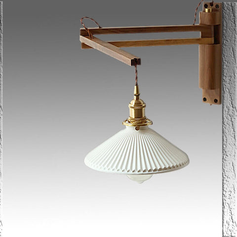 Retractable Wood Wall Sconce with Ribbed Glass Shade for Reading