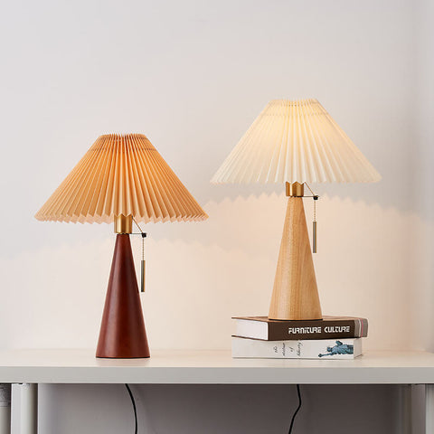 Wooden Table Lamp with Pleated Fabric Shade for Warm Interiors