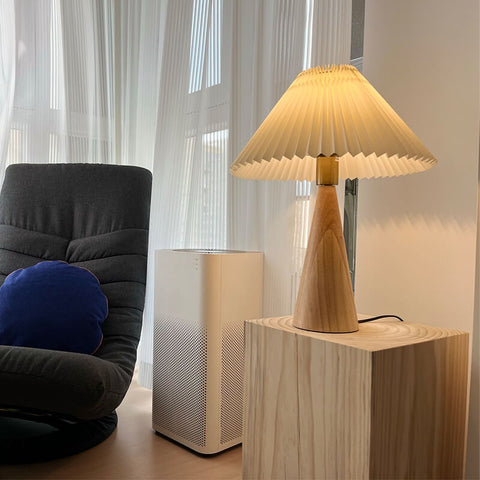 Wooden Table Lamp with Pleated Fabric Shade for Warm Interiors