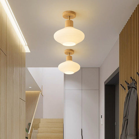 Modern Semi-Flush Ceiling Light with Walnut Wood and Glass Shade