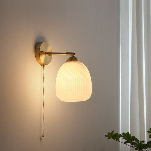 Ribbed Glass Pull-Cord Wall Sconce with Brass Details for Bedrooms