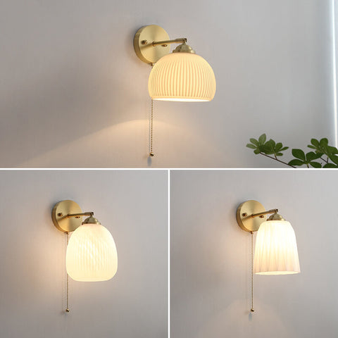 Ribbed Glass Pull-Cord Wall Sconce with Brass Details for Bedrooms