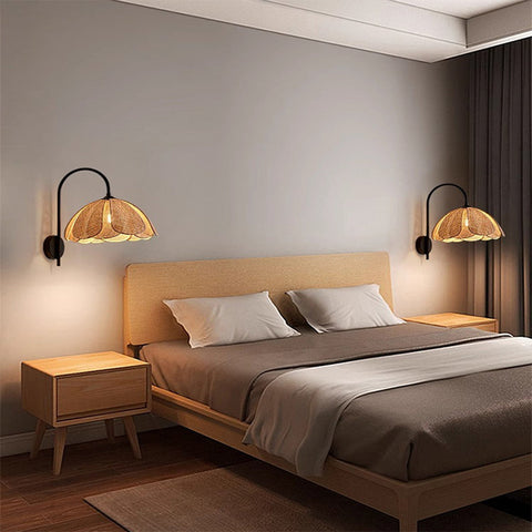 Retro Rattan Wall Light with Metal Frame for Bedroom