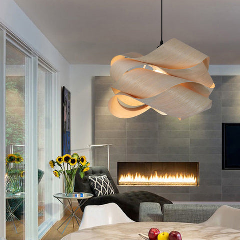 Wood Pendant Light with Interwoven Sculptural Shade