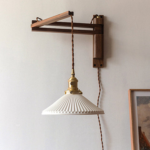 Retractable Wood Wall Sconce with Ribbed Glass Shade for Reading