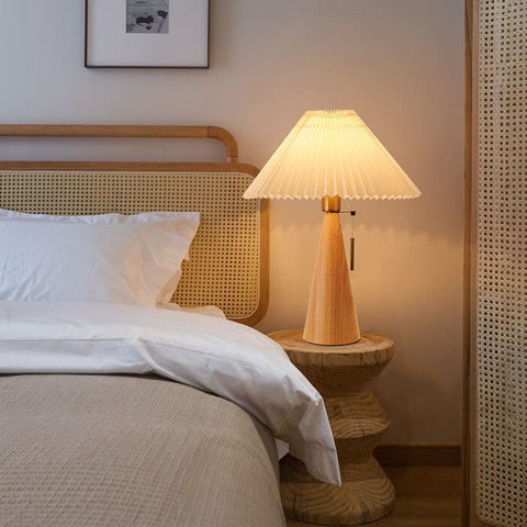 Wooden Table Lamp with Pleated Fabric Shade for Warm Interiors