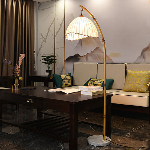 Bamboo-Inspired Floor Lamp with Pleated Fabric Shade for Living Rooms