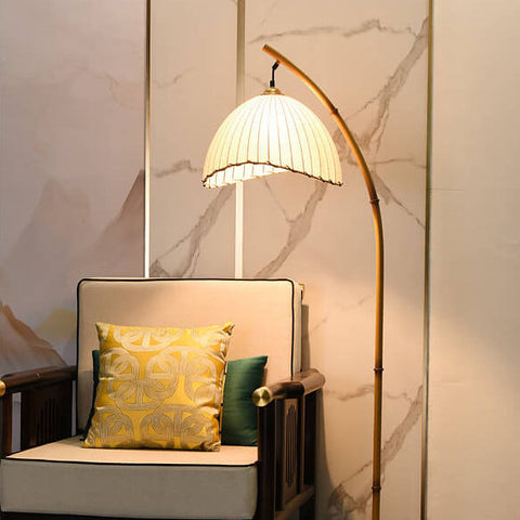 Bamboo-Inspired Floor Lamp with Pleated Fabric Shade for Living Rooms