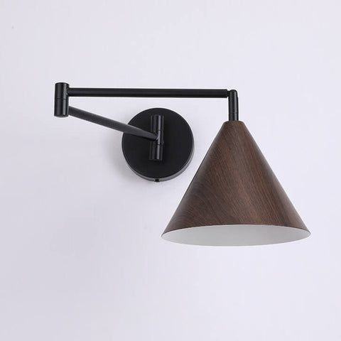 Swing Arm Wall Sconce with Wood-Grain Cone Shade for Bedrooms