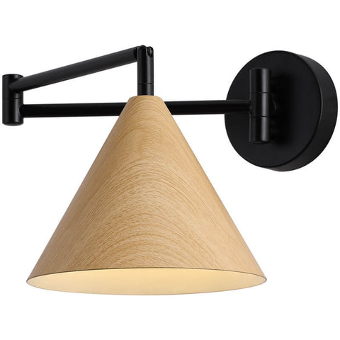 Swing Arm Wall Sconce with Wood-Grain Cone Shade for Bedrooms