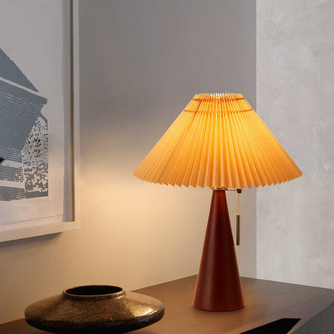 Wooden Table Lamp with Pleated Fabric Shade for Warm Interiors