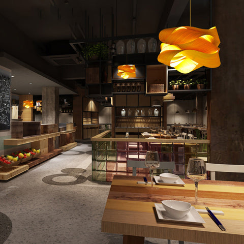 Wood Pendant Light with Interwoven Sculptural Shade