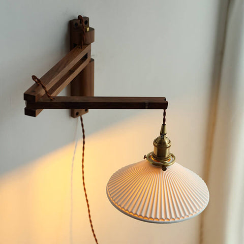 Retractable Wood Wall Sconce with Ribbed Glass Shade for Reading