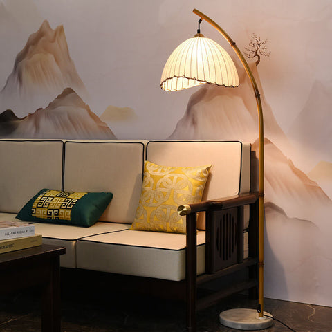 Bamboo-Inspired Floor Lamp with Pleated Fabric Shade for Living Rooms