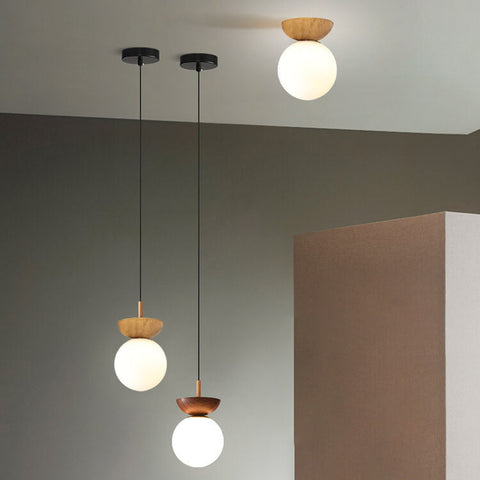 Wood and Glass Globe Ceiling Light for Bedrooms and Dining Areas