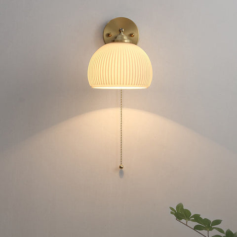 Ribbed Glass Pull-Cord Wall Sconce with Brass Details for Bedrooms