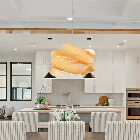 Wood Pendant Light with Interwoven Sculptural Shade