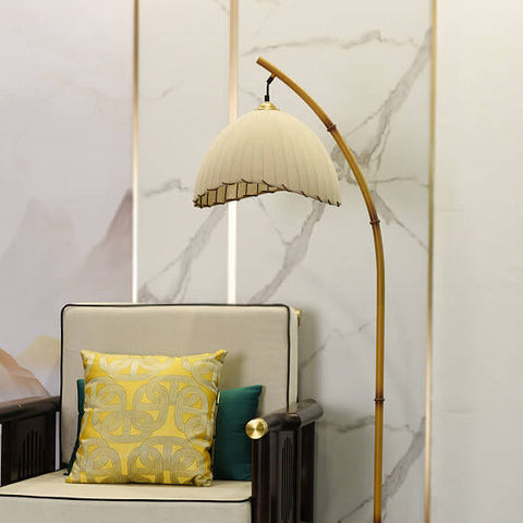 Bamboo-Inspired Floor Lamp with Pleated Fabric Shade for Living Rooms