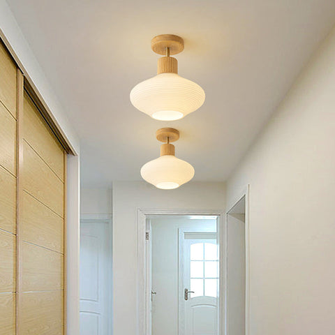 Modern Semi-Flush Ceiling Light with Walnut Wood and Glass Shade