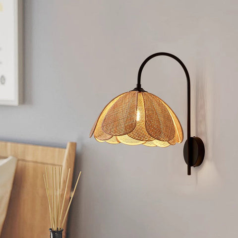 Retro Rattan Wall Light with Metal Frame for Bedroom